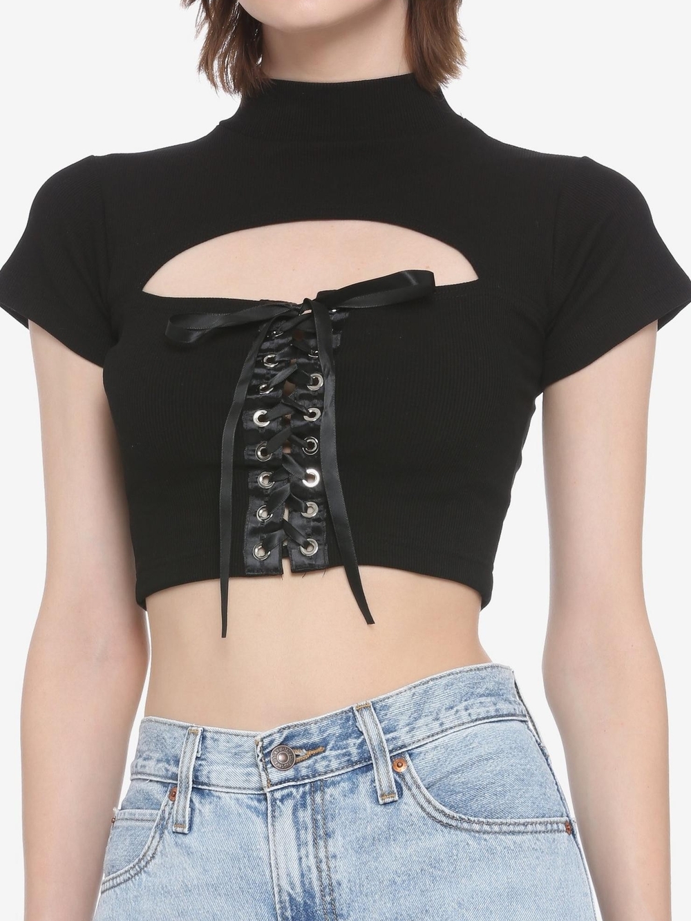 Black Lace-Up Cutout Crop Top - Women